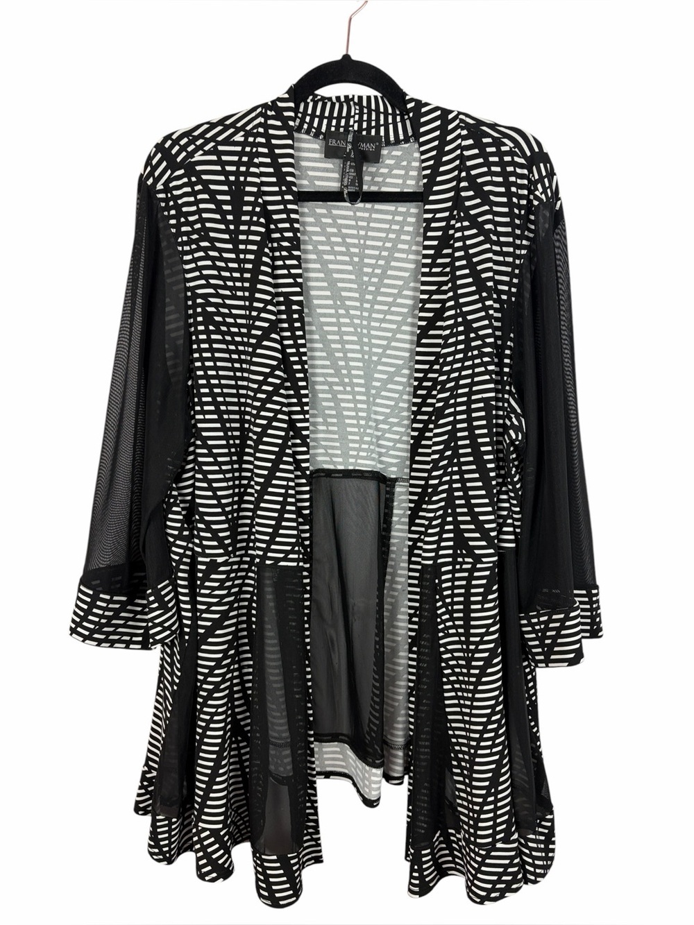 Frank Lyman Design Plus Black White Geometric Mesh Open Front Jacket Size 24